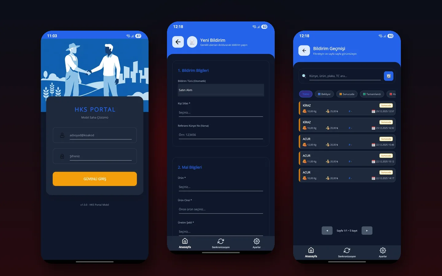 Hal Kayıt Sistemi mobil uygulama ekranları