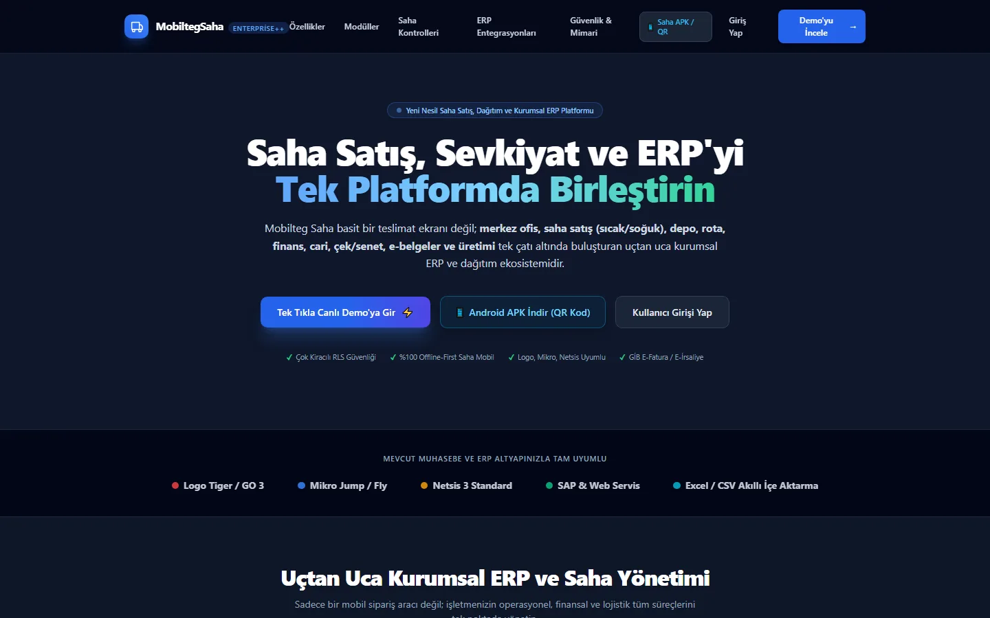 Mobilteg Saha Enterprise++ ana ekranı